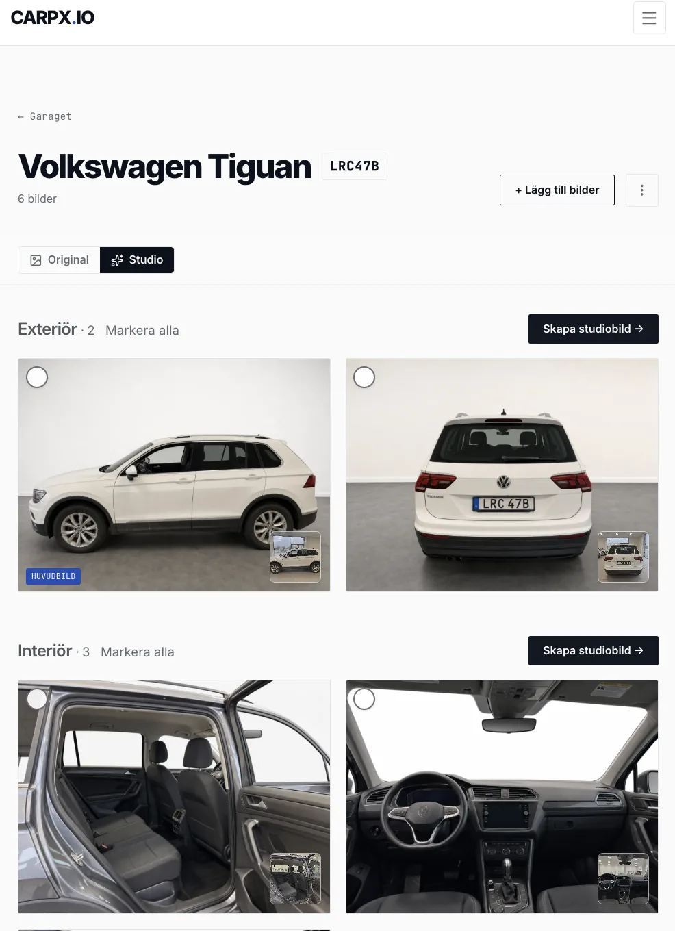 carpx-appen, en bils sida med studiobilder för exteriör och interiör